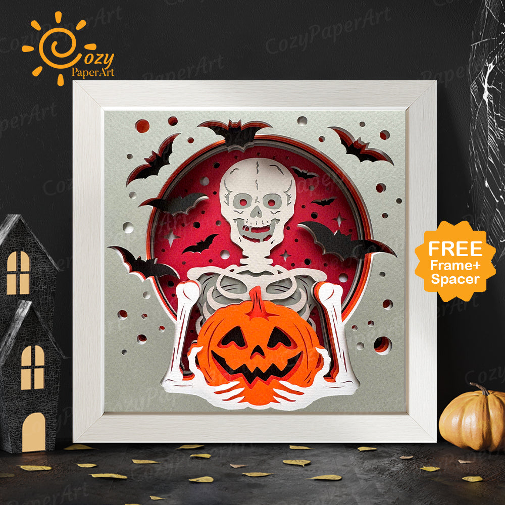 Skeleton Holding Pumpkin – Paper Cut Shadow Box File - Cricut File - 8x8 inches - CozyPaperArt