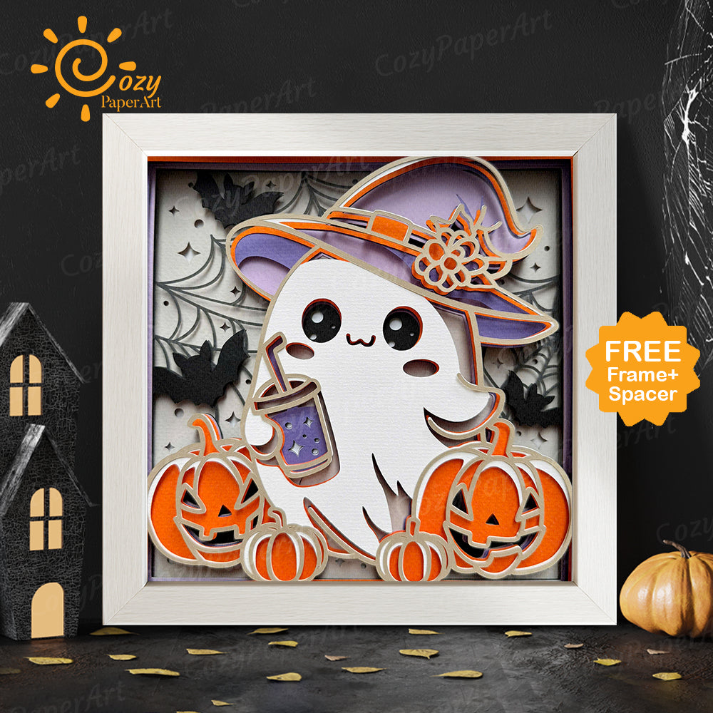 Cute Ghost Halloween – Paper Cut Shadow Box File - Cricut File - 8x8 inches - CozyPaperArt