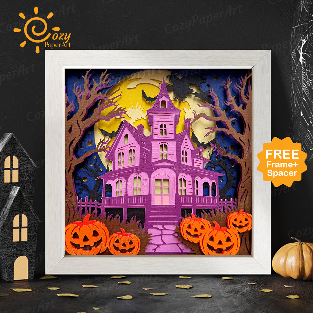 Haunted House – Paper Cut Shadow Box File - Cricut File - 8x8 inches - CozyPaperArt