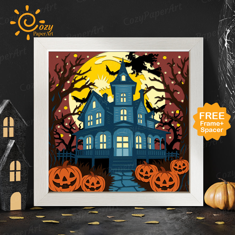 Haunted House – Paper Cut Shadow Box File - Cricut File - 8x8 inches - CozyPaperArt