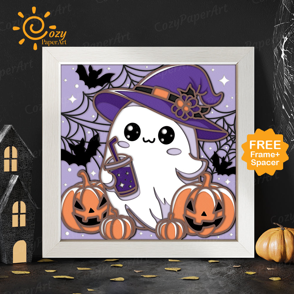 Cute Ghost Halloween – Paper Cut Shadow Box File - Cricut File - 8x8 inches - CozyPaperArt