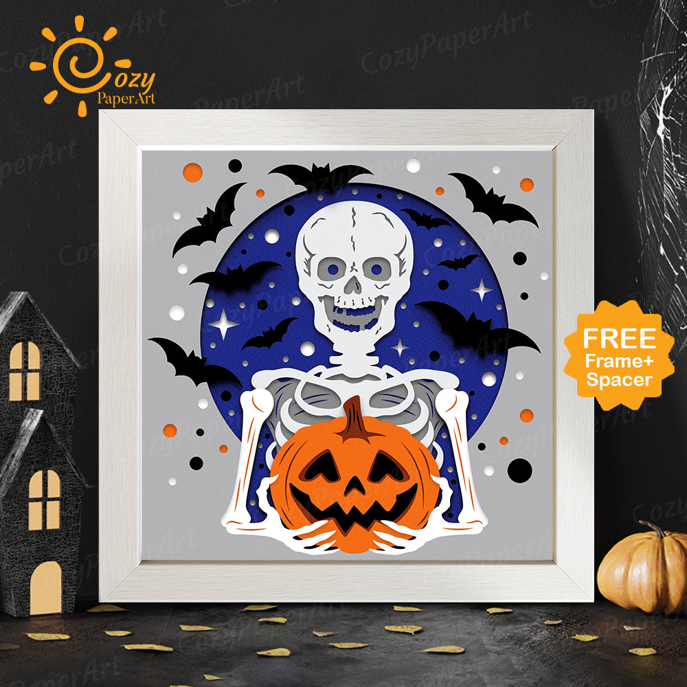 Skeleton Holding Pumpkin – Paper Cut Shadow Box File - Cricut File - 8x8 inches - CozyPaperArt