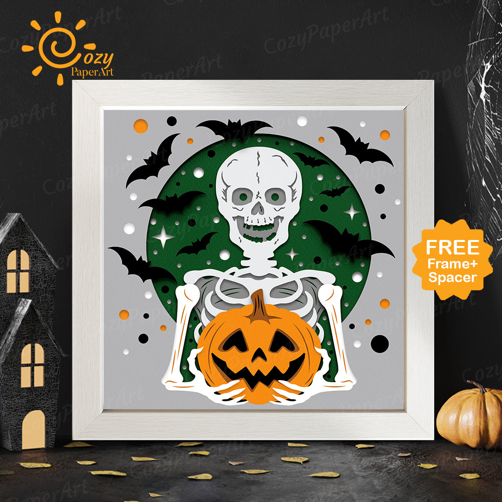 Skeleton Holding Pumpkin – Paper Cut Shadow Box File - Cricut File - 8x8 inches - CozyPaperArt