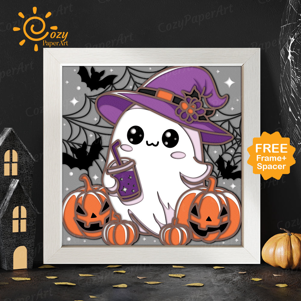 Cute Ghost Halloween – Paper Cut Shadow Box File - Cricut File - 8x8 inches - CozyPaperArt