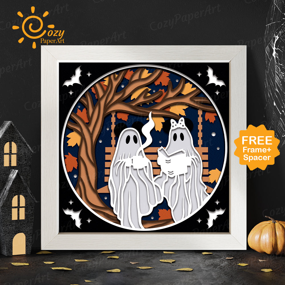 Chilling Ghost – Paper Cut Shadow Box File - Cricut File - 8x8 inches - CozyPaperArt