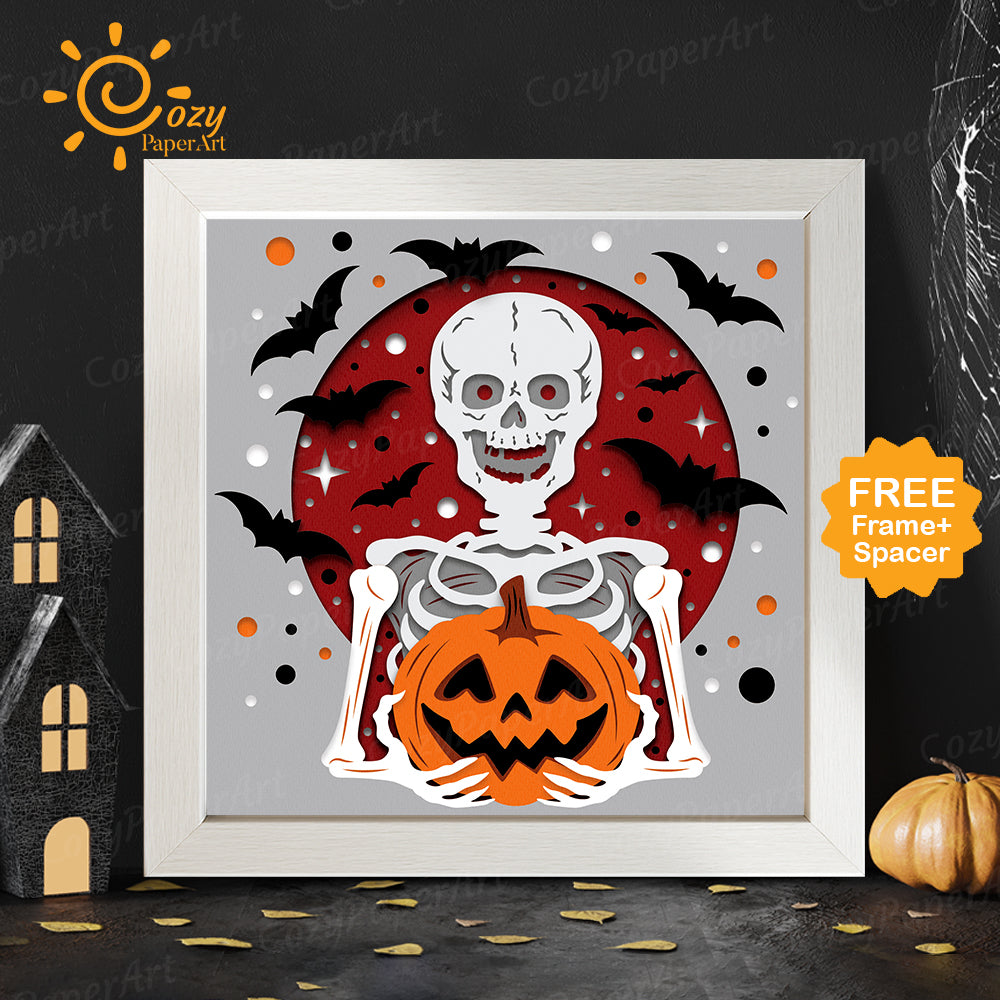 Skeleton Holding Pumpkin – Paper Cut Shadow Box File - Cricut File - 8x8 inches - CozyPaperArt