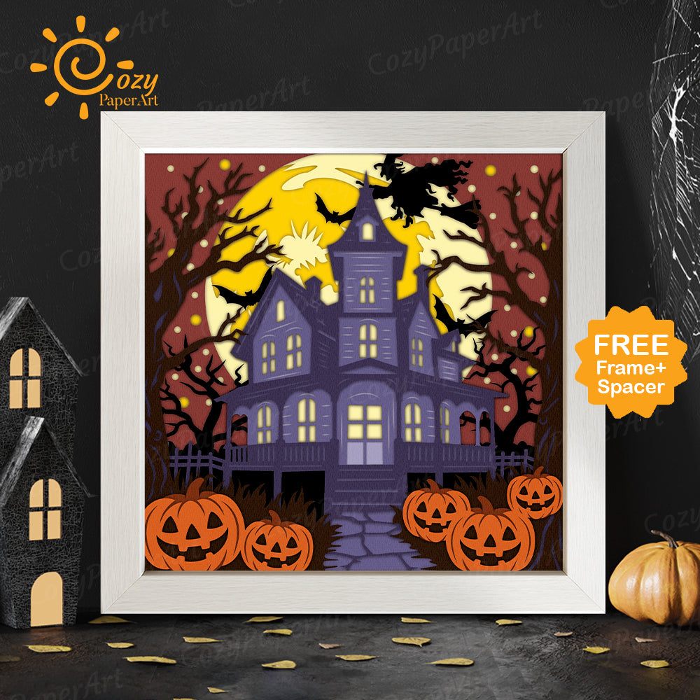 Haunted House – Paper Cut Shadow Box File - Cricut File - 8x8 inches - CozyPaperArt
