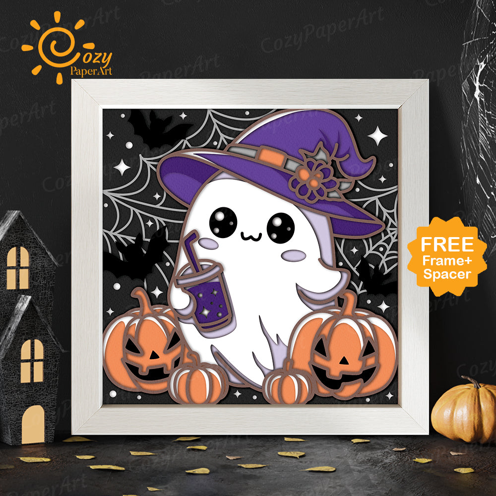 Cute Ghost Halloween – Paper Cut Shadow Box File - Cricut File - 8x8 inches - CozyPaperArt